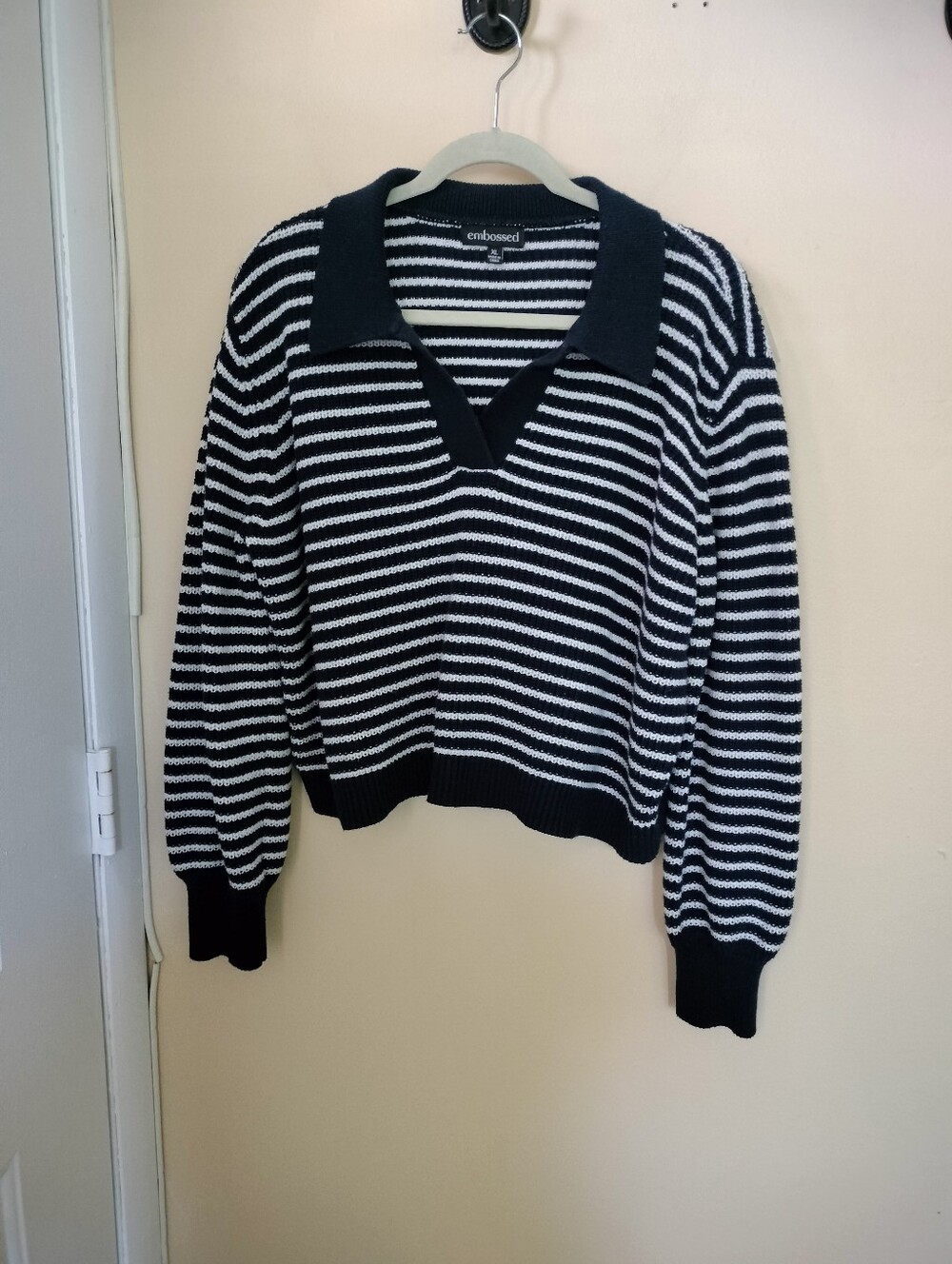Embossed Navy White Striped Cropped Cotton Blend Polo Sweater XL Boxy Oversized